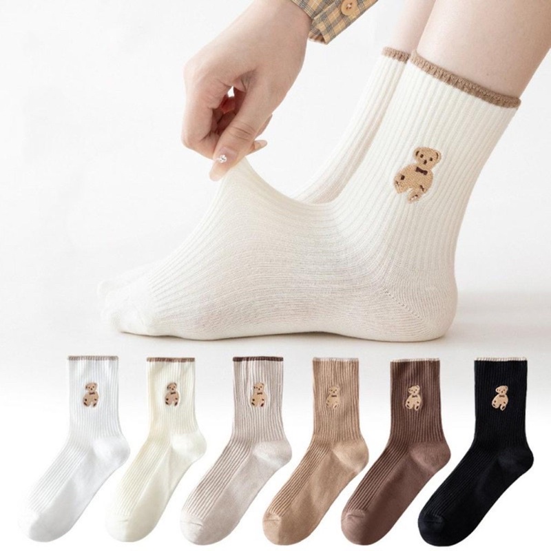 Set 5 đôi tất vớ nữ cổ cao hình gấu nâu len gân tăm cực đẹp hotrend BT5