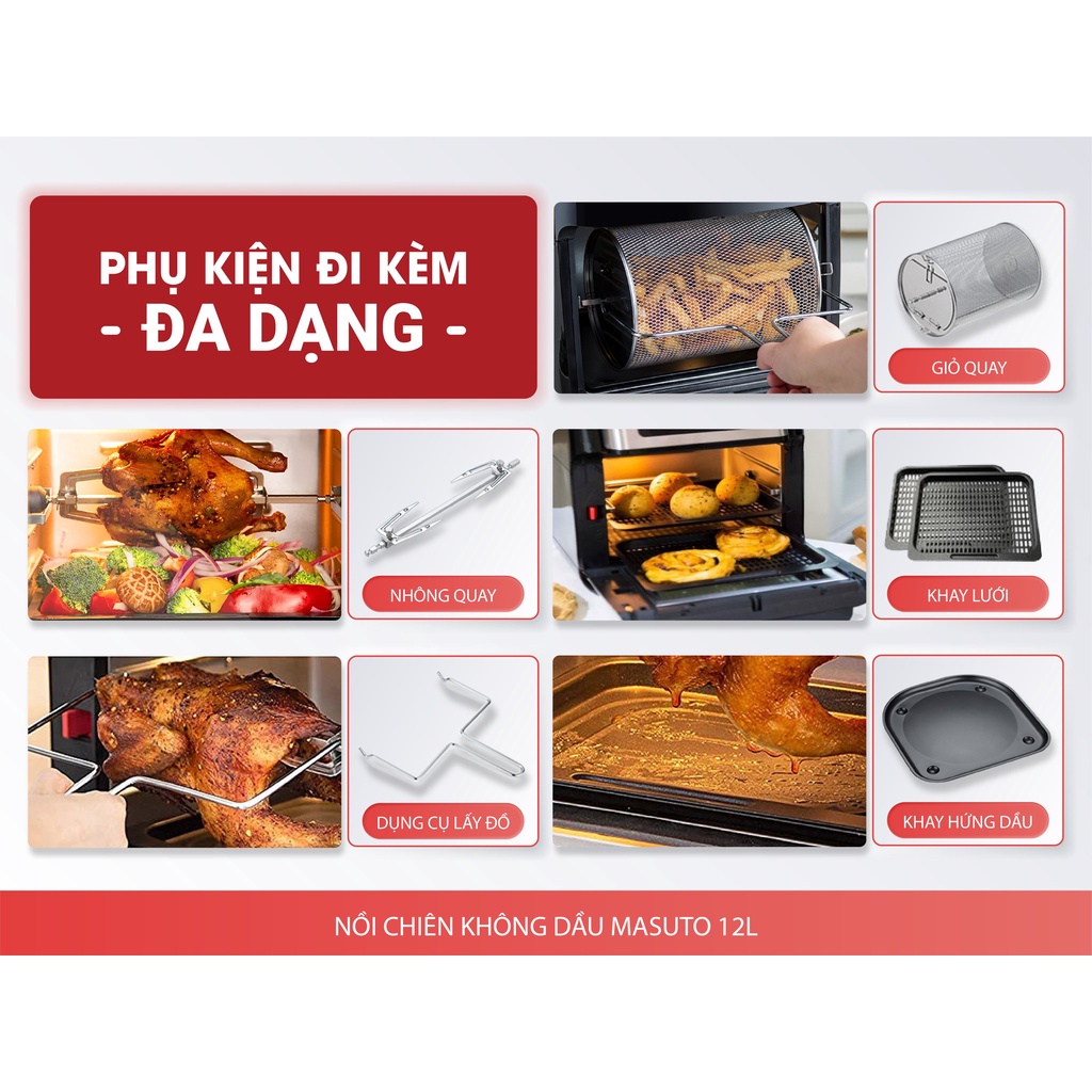 Nồi chiên không dầu Masuto Eatclean LBAF037, 10 chế độ nấu nướng, sấy, chiên, dung tích 12l, bảo hành 12 tháng