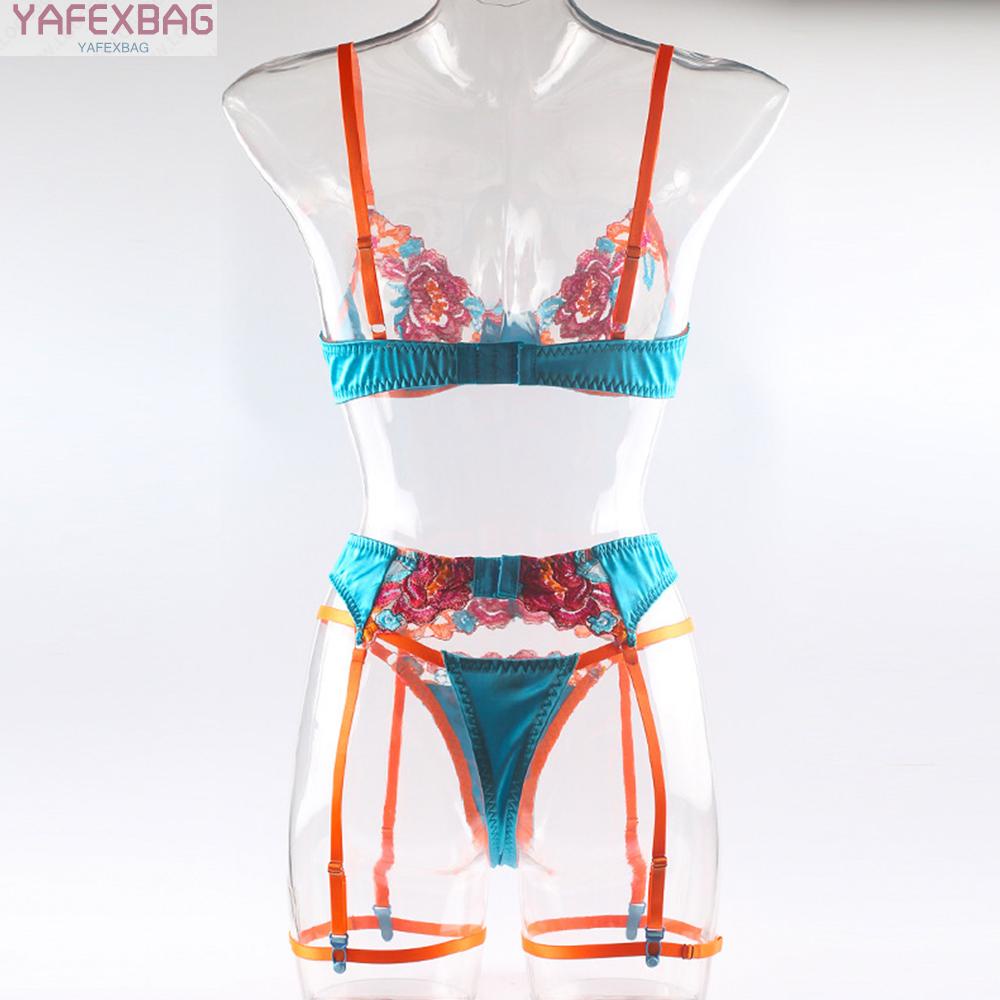 Lady Sexy Lingerie Bra G-String Suit Embroidered Floral Print Lace Pajamas