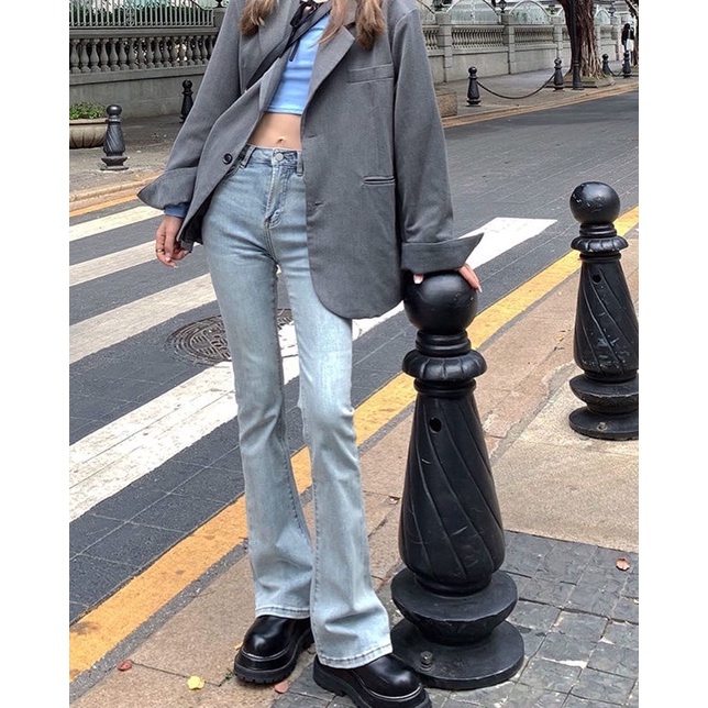 Quần jeans trơn cạp cao ống loe slim fit retro Hàn Quốc