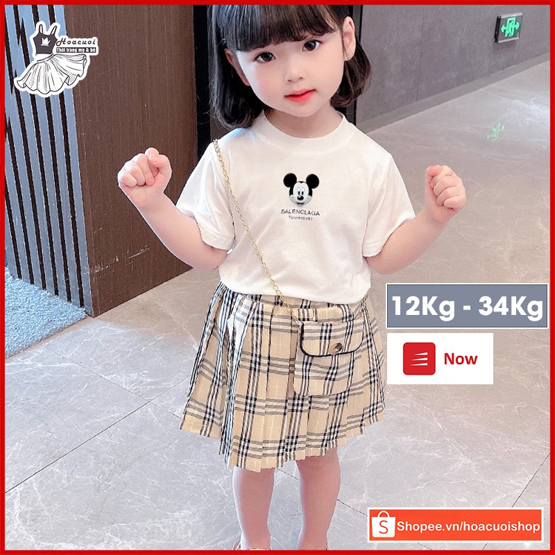 Sét chân váy kẻ sọc kèm áo thun in hình chuột cotton bốn chiều thoáng mát tặng kèm túi cho bé từ 12-35kg _HC19