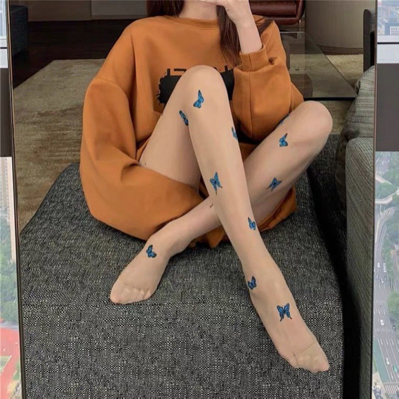 Blue Butterfly Print Stockings Female Ins Tide Sweet Thin Fairy Milk White Core-spun Sexy Silk Pantyhose Women Black Tights