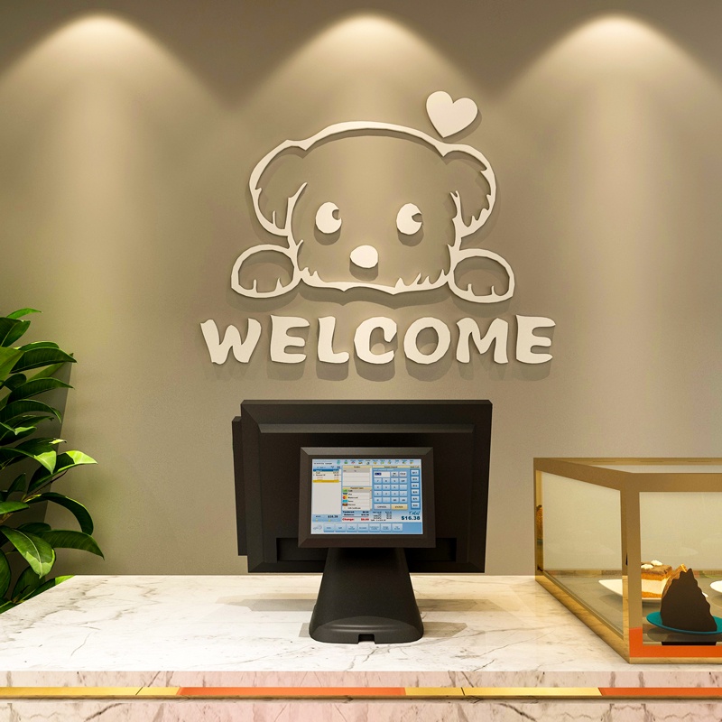 Tranh mica dán tường - Chú cún Welcome trang trí cửa ra vào, cửa hàng, quán ăn, địa điểm kinh doanh Nhiều Size - EPeBen