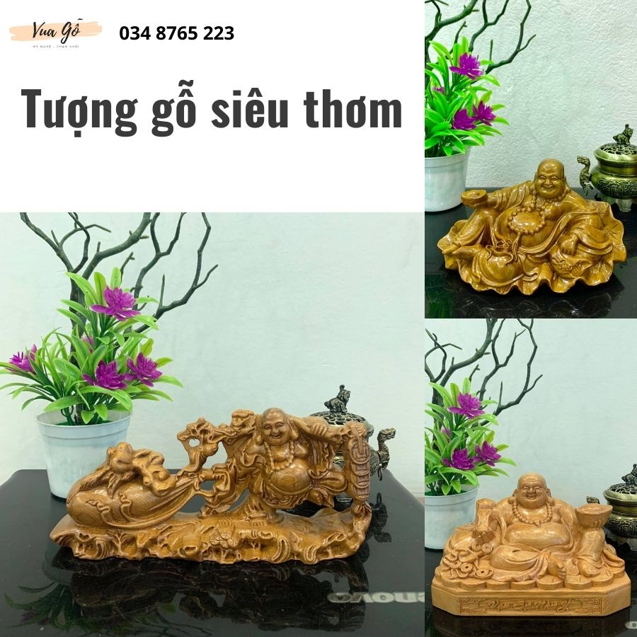 Tượng Phật Di Lặc  gỗ Hương Đình Mini liền khối để ô tô, bàn làm việc - Hàng Cao Cấp Siêu Thơm