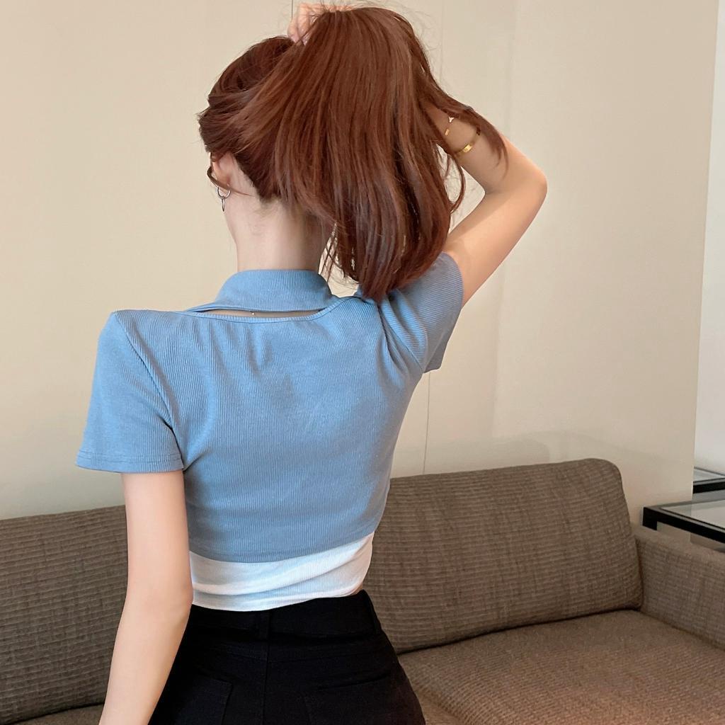 Lalisas Bộ Áo Croptop Hai Dây Ôm Dáng Tay Cộc Cổ Treo Thiết Kế niche Mỹ Nóng Bỏng Cho Nữ