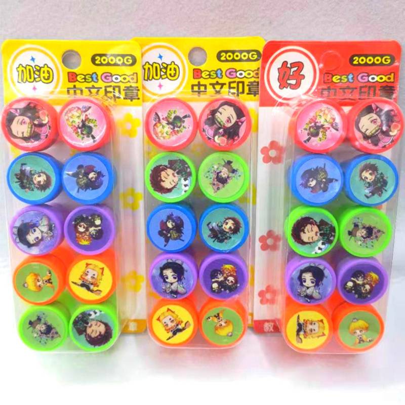 Dấu thỏi son 10Pcs/Set Cute Anime Demon Slayer Kimetsu No Yaiba Child DIY Scrapbook Kids Stamp Cartoon Rubber Stamps Scrapbooking Reward Toy Hashibira Inosuke Tsuyuri Kanawo Tomioka Giyuu
