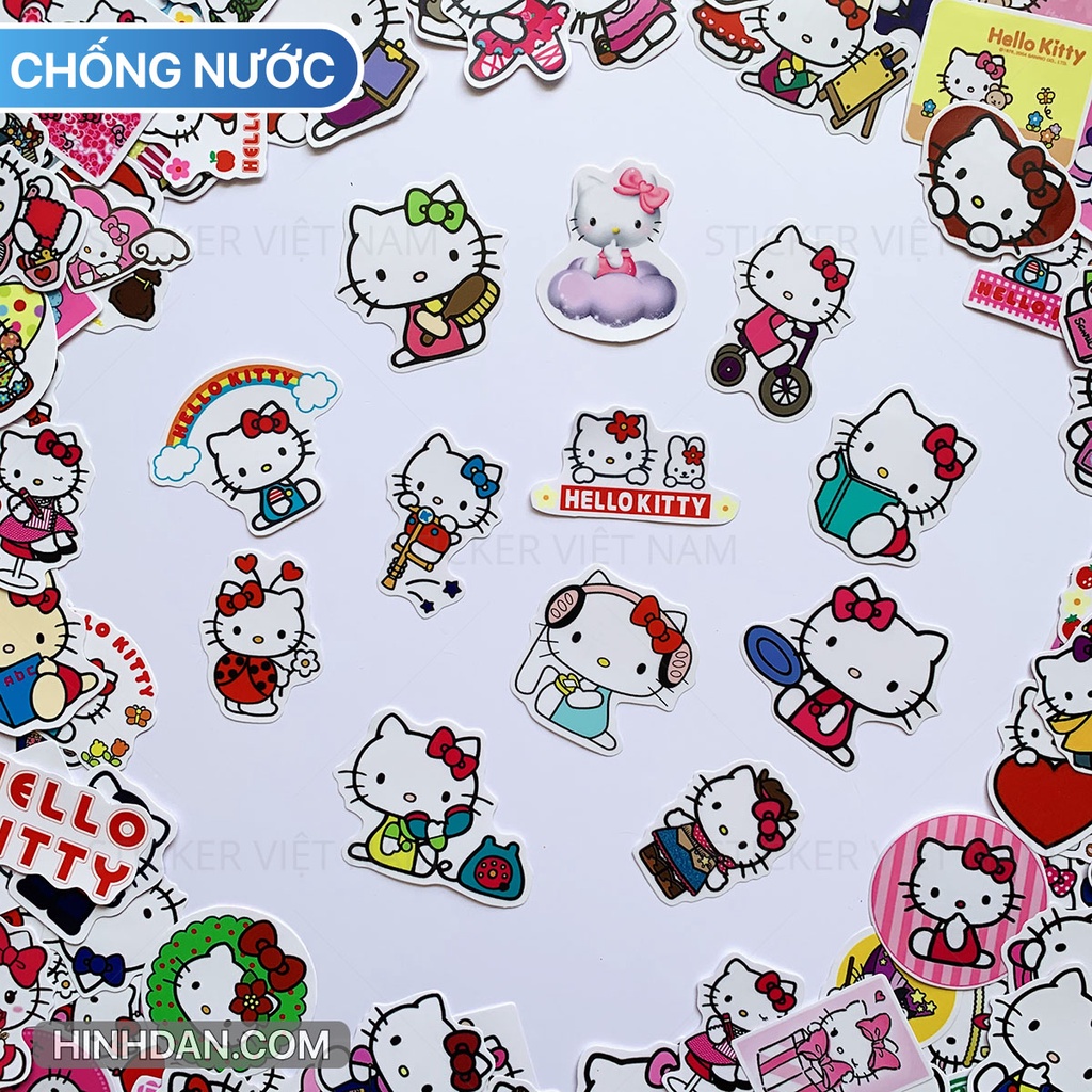 Sticker HELLO KITTY  chống nước dán nón bảo hiểm, tủ, đàn guitar, laptop, máy tính, xe, vali, tường