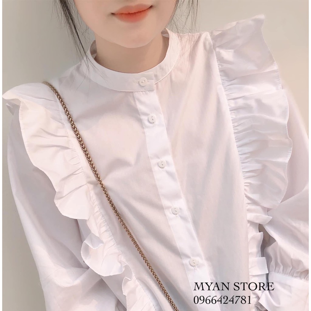 Áo Sơ Mi Nữ Cổ Tàu Phối Bèo Xinh Xắn Diện Thu Cực Phù Hợp