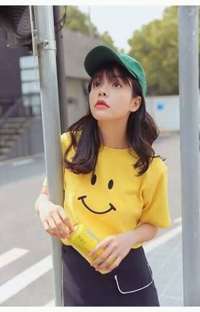 Áo thun cotton thêu mặt cười dễ thương