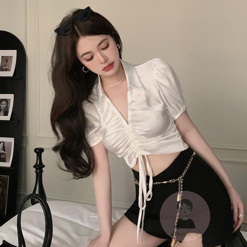 Áo Thun Ngắn Tay Cổ Bẻ Phối Dây Rút Xếp Ly Thời Trang Cho Nữ