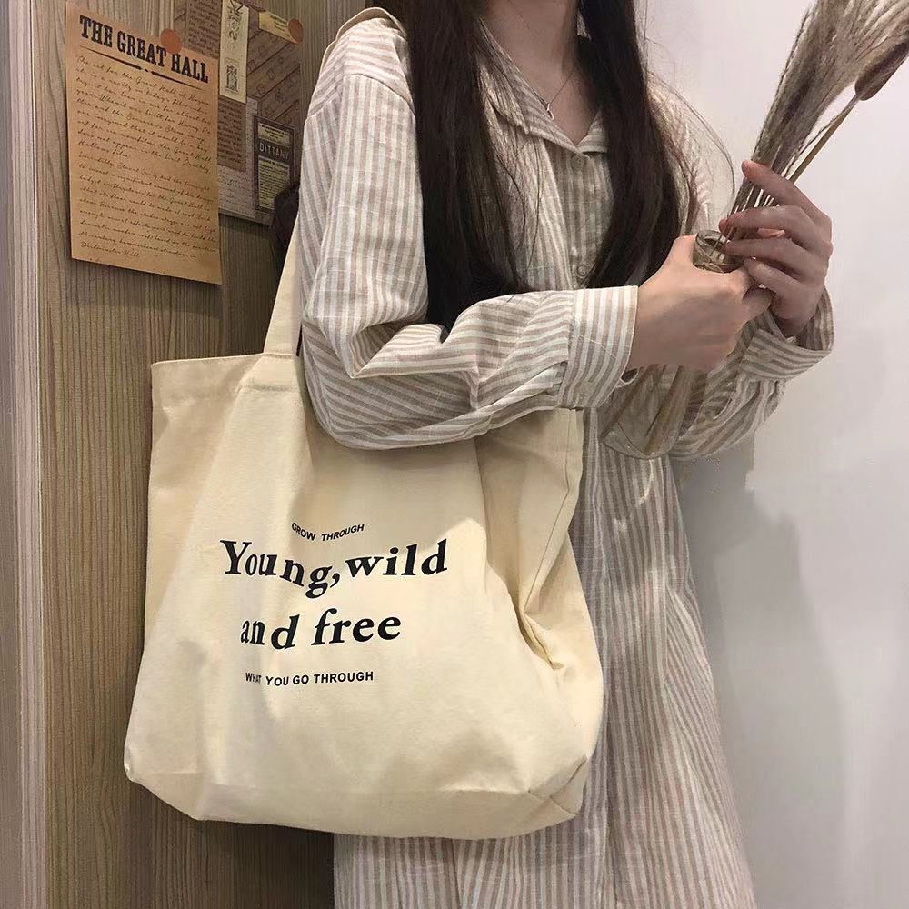 Túi tote túi vải canvas phong cách Hàn quốc, có khóa miệng ngăn phụ bên trong tiện dụng-Haka store