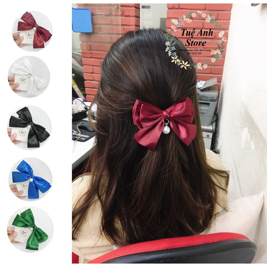 B81 Kẹp tóc ruy băng đính hạt thả rơi siêu nữ tính