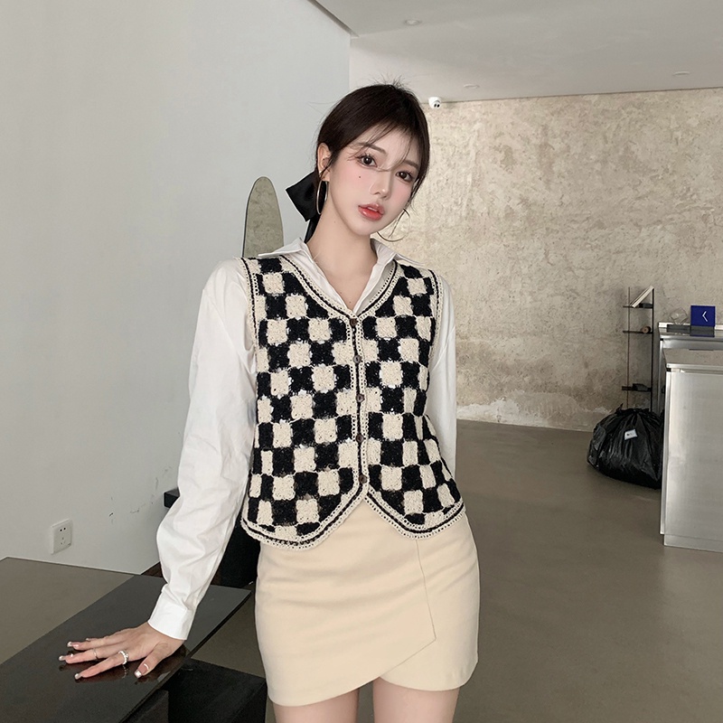 Áo khoác cardigan không tay cổ chữ V kẻ sọc caro dành cho nữ