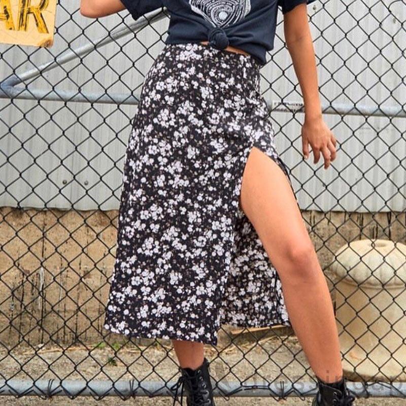 DRESSINGUP-Chân Váy Dài Xẻ Tà In Họa Tiết Gợi Cảm Cho Nữ