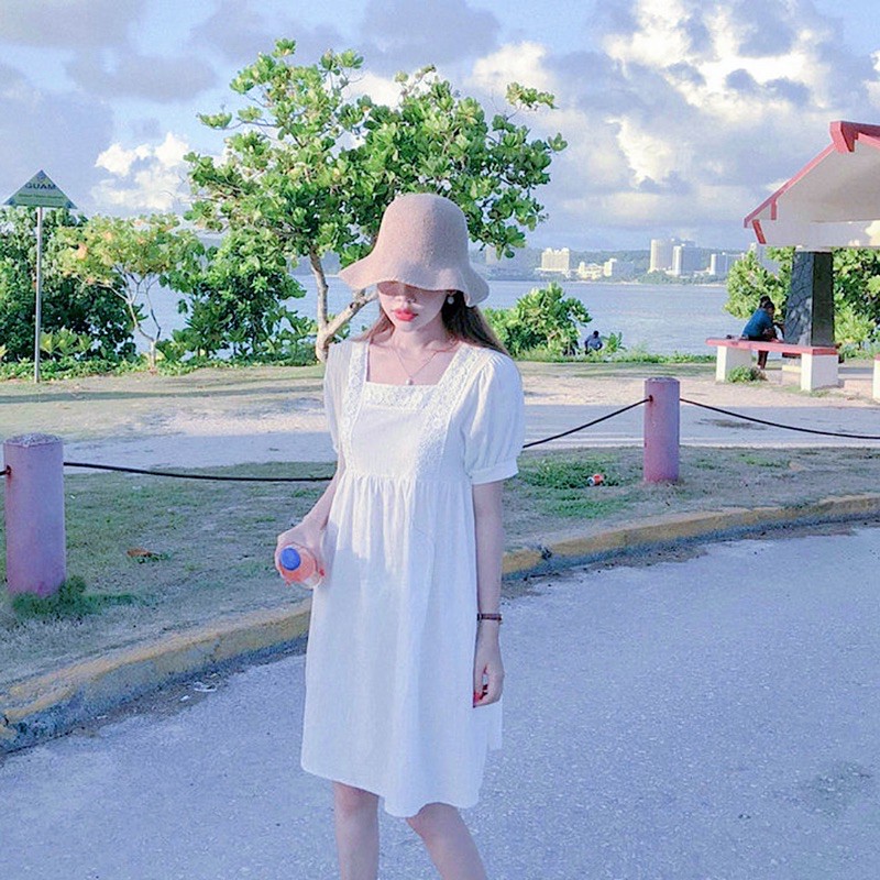 Babydoll trắng cổ vuông viền ren (kèm hình thật)