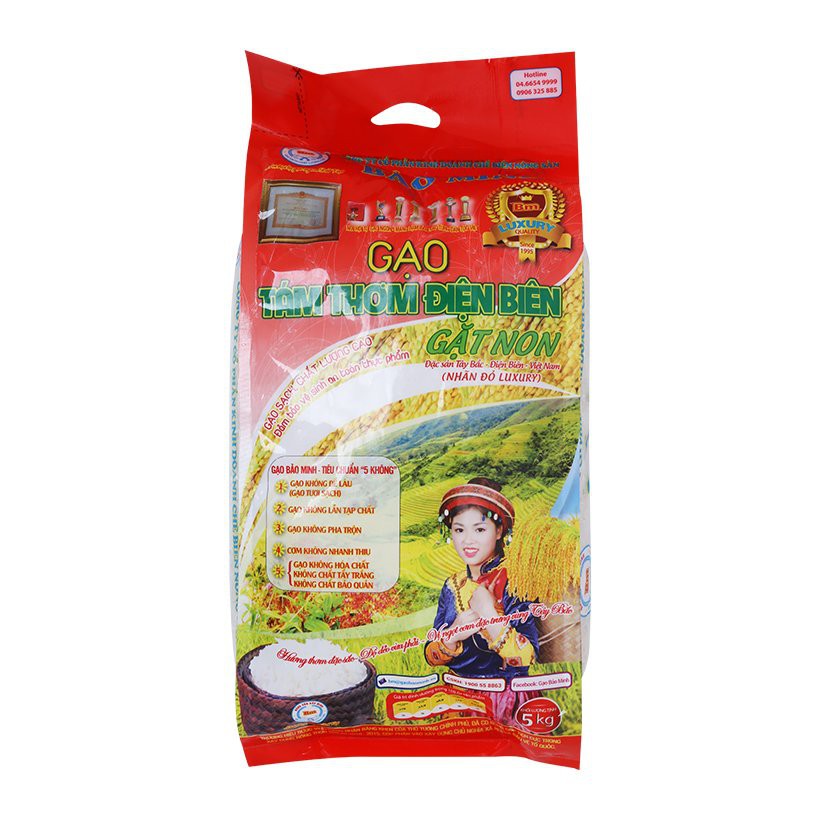 Gạo tám thơm Điện Biên gặt non nhãn đỏ Luxury Bảo Minh túi 5kg