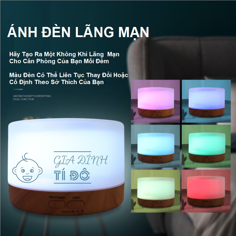 Máy Xông Tinh Dầu, Phun Sương Nano Vân Gỗ 500ml Đèn Led 7 Màu