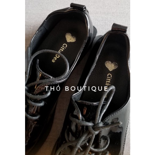 Giày Oxford CITTÀ DEA Encoricorne Style da bóng đen cột dây đế cao 2cm size 37