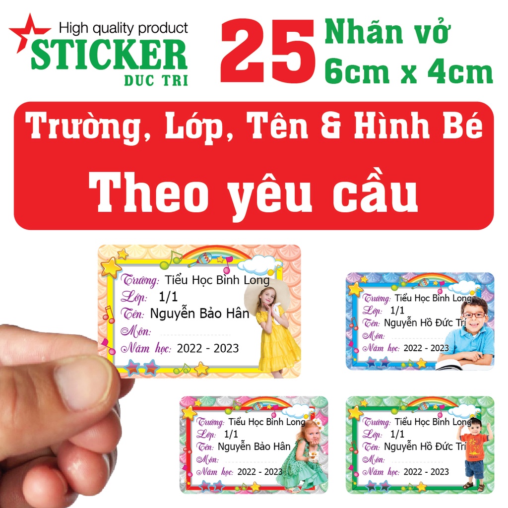 25 NHÃN VỞ IN TÊN BÉ, TRƯỜNG, LỚP  IN THEO YÊU CẦU