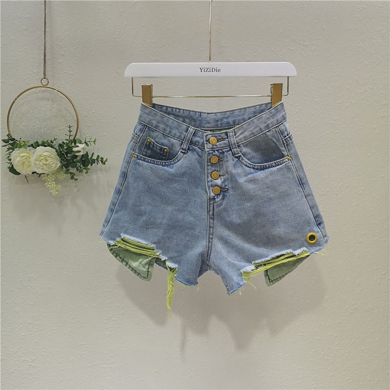 Denim shorts, women's high waist pants, spring and summer new Korean fashion, holes, rough edges, loose wide leg shorts, women