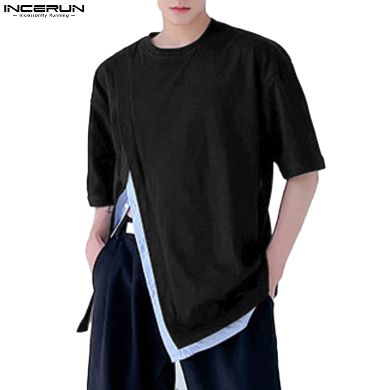Áo thun INCERUN tay ngắn thiết kế ghép phối sọc kiểu mùa hè cho nam