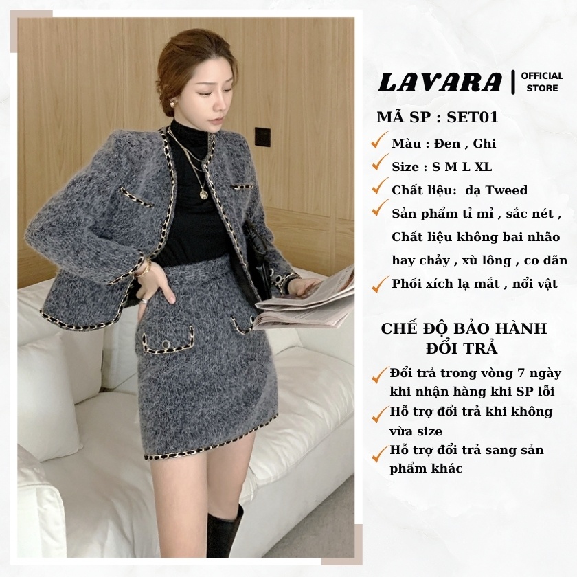 Set dạ tweed nữ dài tay chân váy A phối xích LAVARA SET01