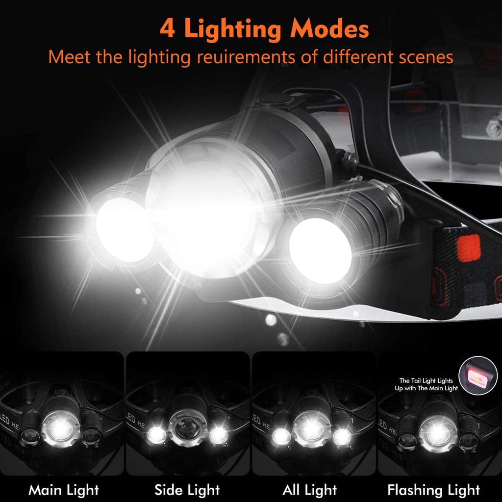 Đèn Led siêu sáng đội đầu, 4 chế độ, độ sáng lên đến 6000 lumen, không thấm nước, pin sạc