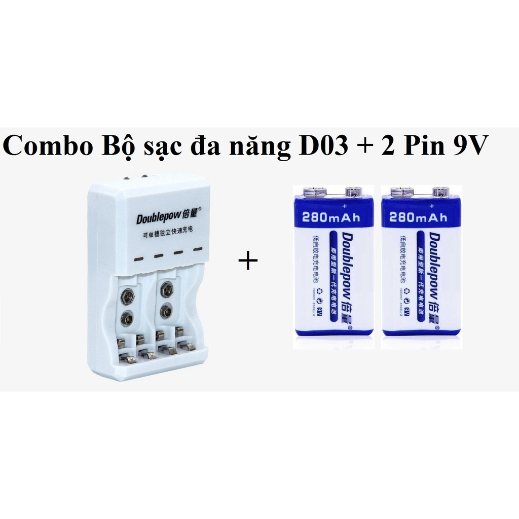 Combo Bộ Sạc Pin đa năng (Sạc cho pin tiểu, pin vuông) Tặng 2 pin sạc 9V 280mAh Doublepow