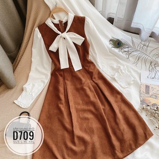 Bigsize Đầm nhung phối nơ cổ D709