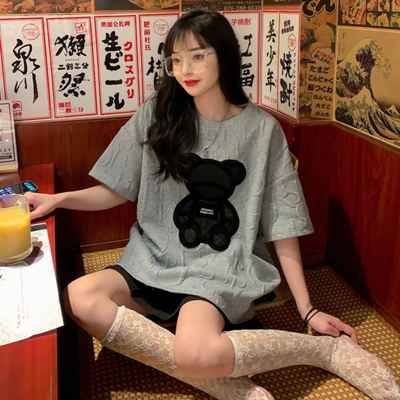 Jiashucheng Áo Thun Tay Ngắn Cổ Tròn In Hình Gấu Hoạt Hình Phong Cách Hàn Quốc Thời Trang Mùa Hè 2023 Cho Nữ