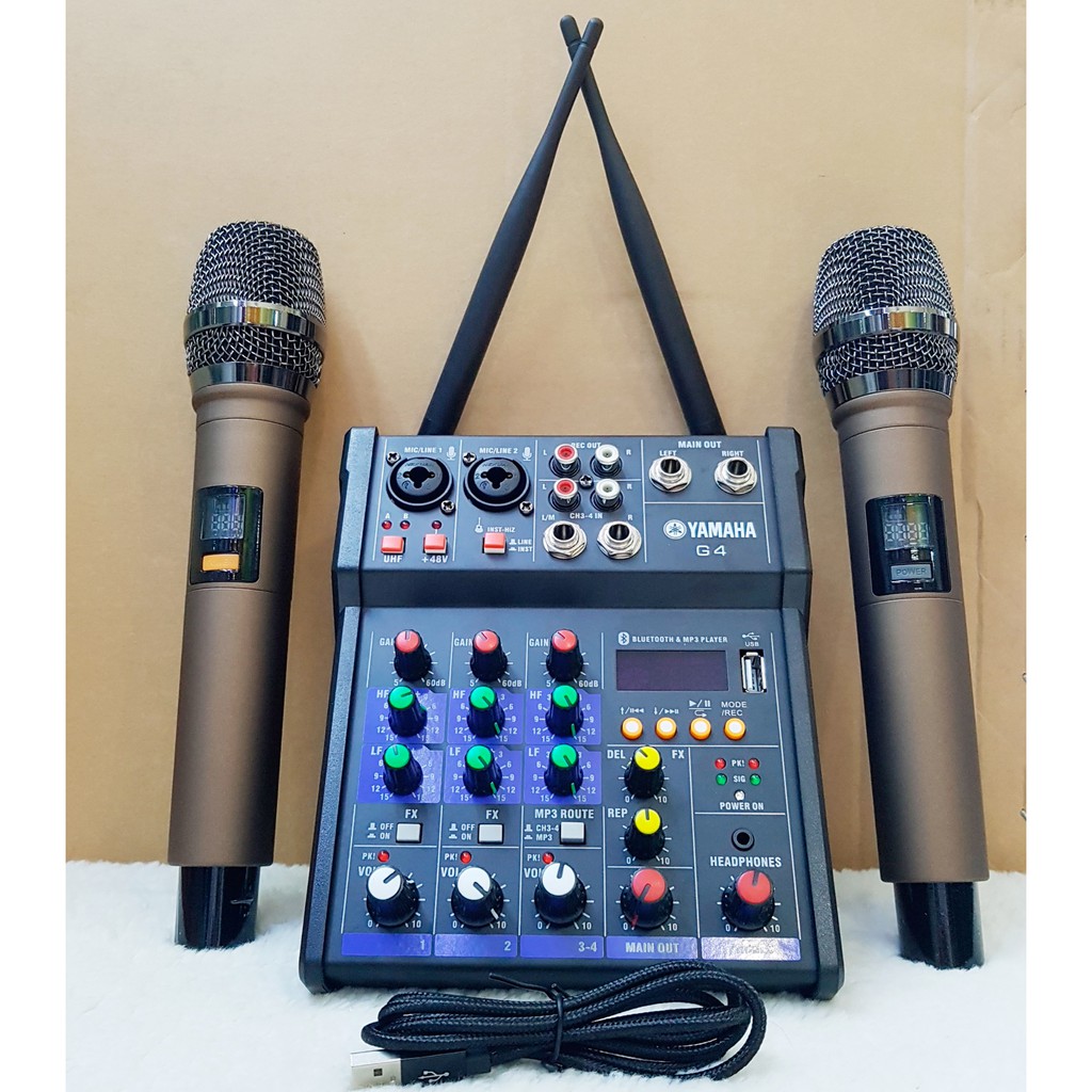 Bộ Mixer Yamaha G4 USB - Mixer Chuyên Karaoke, Livestream, Thu Âm Cao Cấp - Tặng Kèm 2 Micro Không Dây