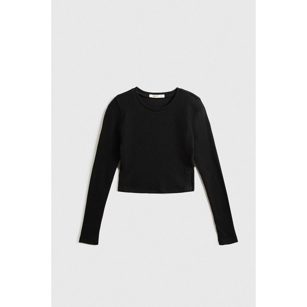 Áo croptop Maybi ôm thun gân cổ tròn tay dài