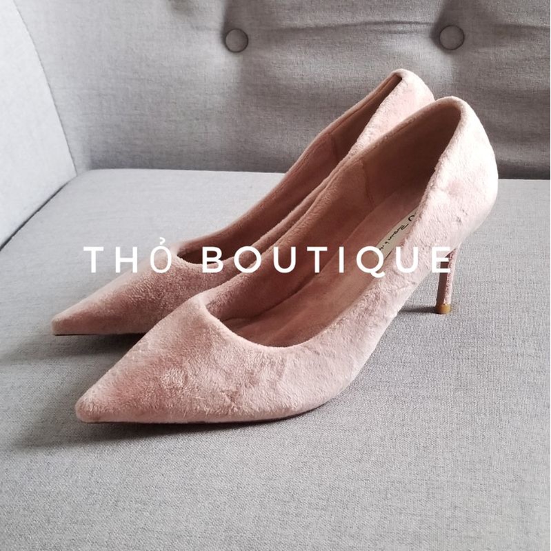 Giày cao gót chính hãng OSSO nhung lông thỏ màu hồng nude pastel 7cm size 38