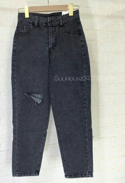 Quần baggy jean rách gối một bên cạp cao màu xám khói