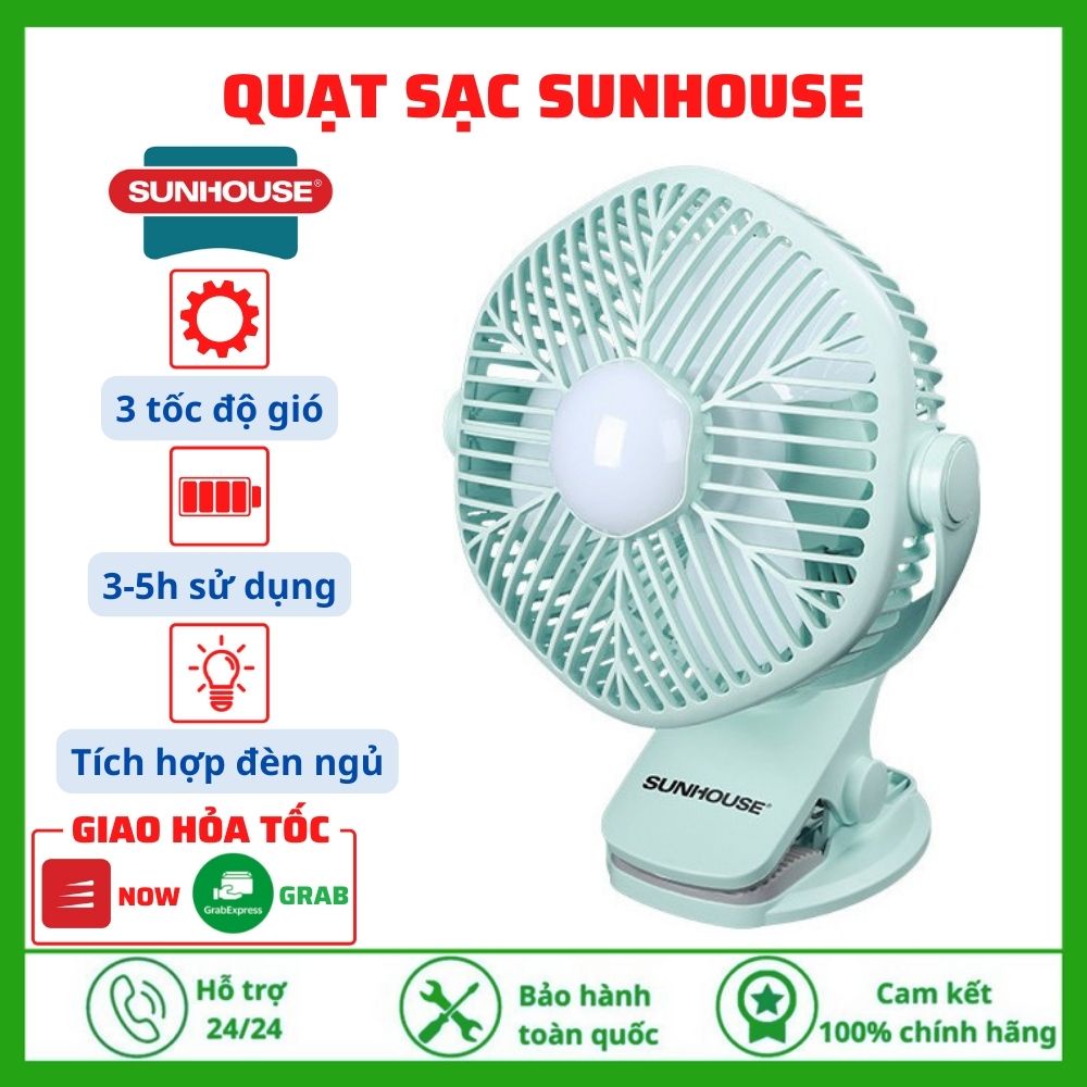 Quạt mini sạc điện SUNHOUSE SHD7111 - Quạt mini tích điện - Điều chỉnh xoay 360 độ tiện dụng - Tích Hợp Đèn Ngủ