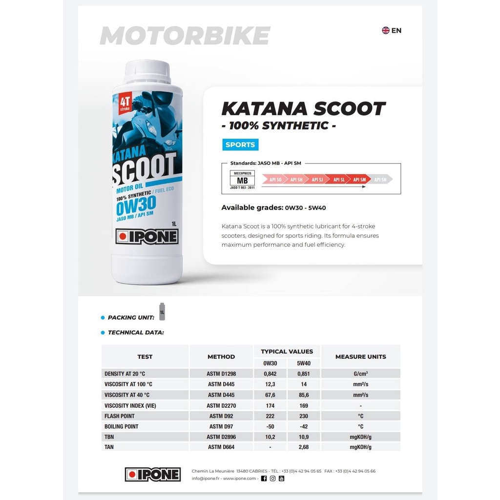 Dầu Nhớt Xe Tay ga Ipone Katana Scoot 5W-40 1L - TỔNG HỢP GỐC DẦU ESTER