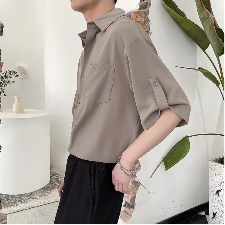 Áo Sơ Mi Tay Ngắn Màu Trơn Đơn Giản Thời Trang Phong Cách Hàn Quốc Cho Nam