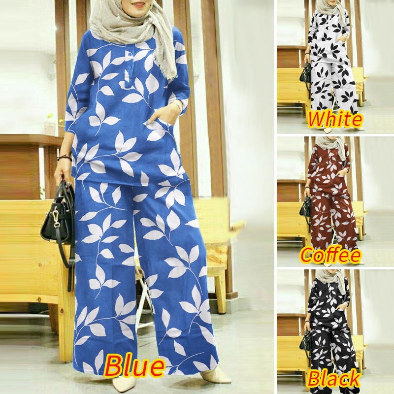 Set đồ 2 món Zanzea gồm áo tay 3/4 + quần dài họa tiết hoa phong cách bohemian thời trang cho nữ