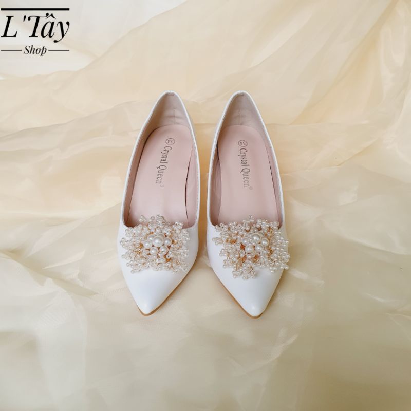 Giày Cưới-Giày Cô Dâu-Giày Cao Gót Dự Tiệc Đính Đá L'Tây -Giày Bít Mũi Đóa Trân Châu