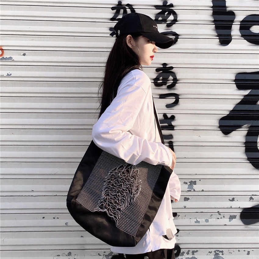 Túi tote đeo vai bằng canvas thêu hình ngọn núi màu đen đơn giản cá tính 22004