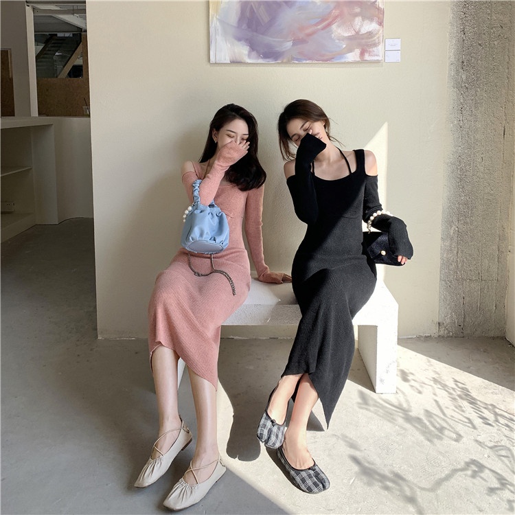 Đầm Dệt Kim Trễ Vai Cổ Cao Màu Trơn Thời Trang Mùa Thu Mới Cho Phái Nữ