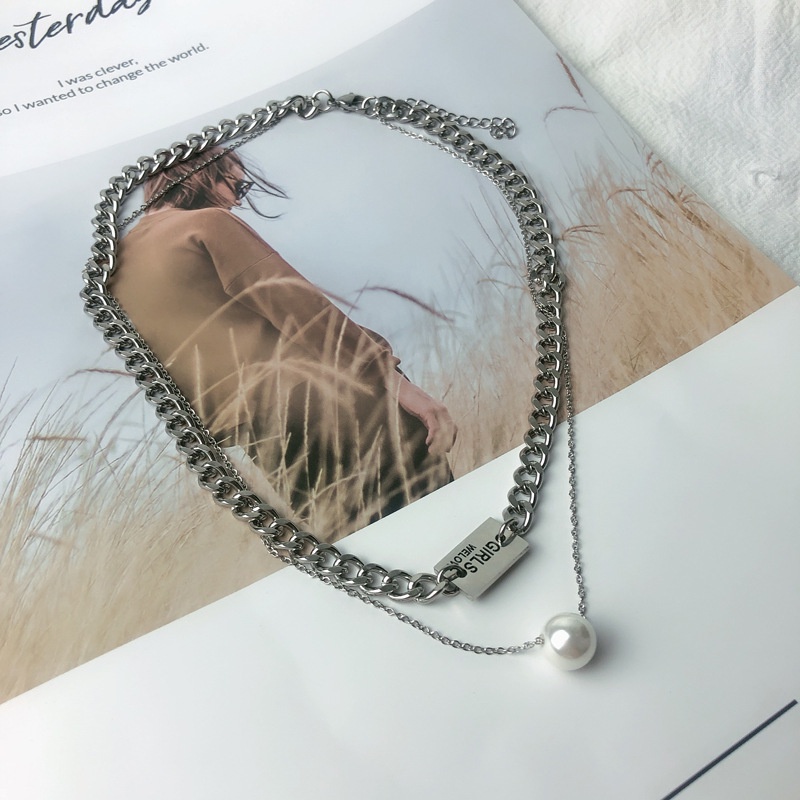 Vòng cổ Bằng Thép Titan Đính Ngọc Trai Phong Cách Hip Hop Thời Trang