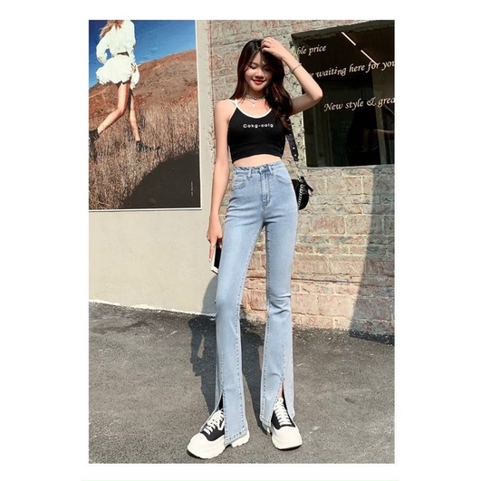 Quần jeans loe trơn basic sẻ ống phom dài co dãn