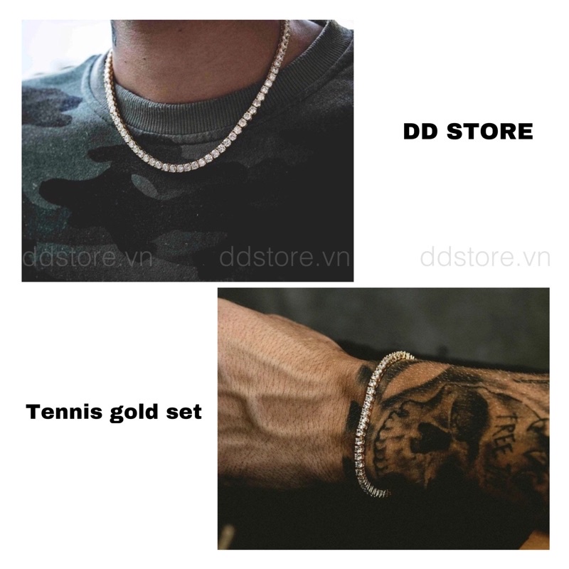 Combo Dây chuyền vòng tay đính đá Tennis link màu vàng