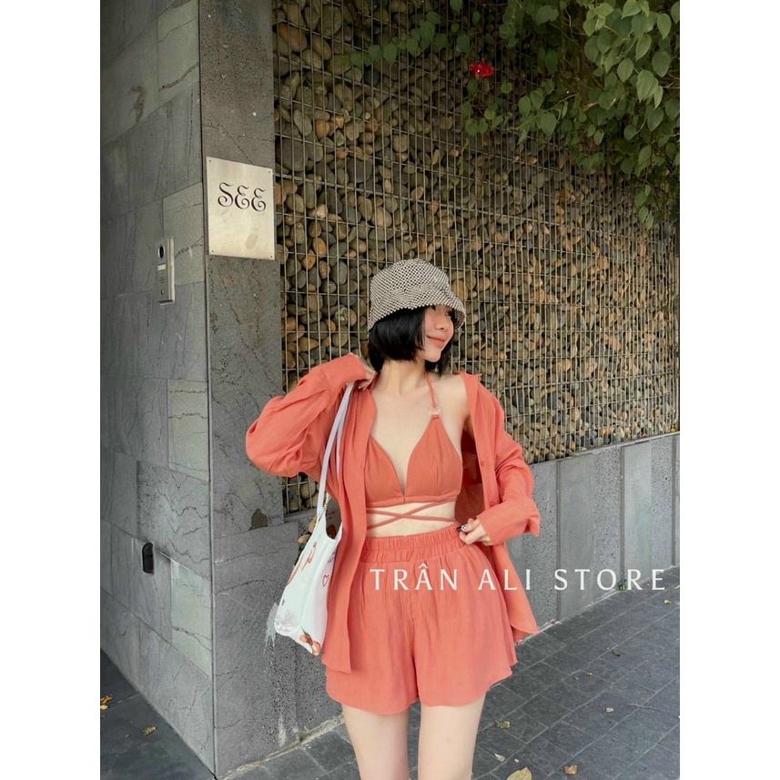 Set 3 món áo sơ mi tay dài cùng với bra phối cùng quần đùi