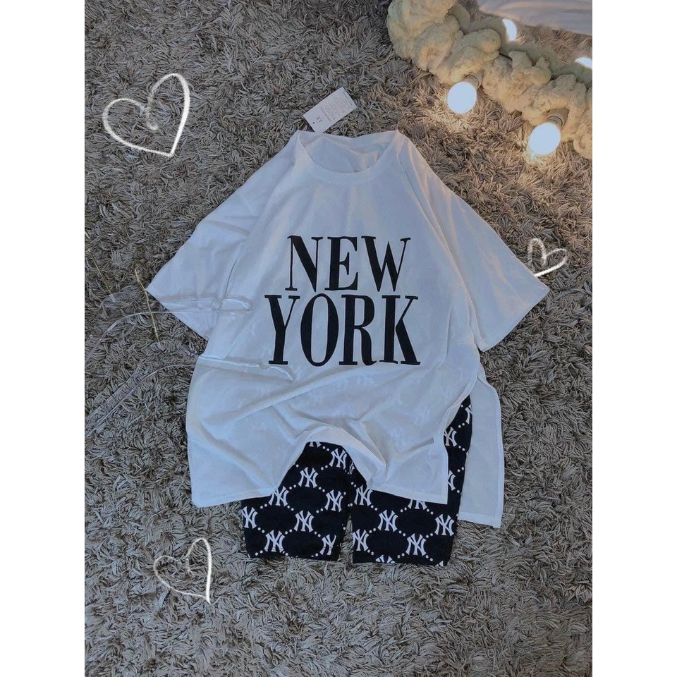 Set bô áo thun trắng in chữ New york xẻ tà, quần lửng ngố in chữ Ny, Set đồ lửng đi chơi, mặc nhà dễ thương, cá tính