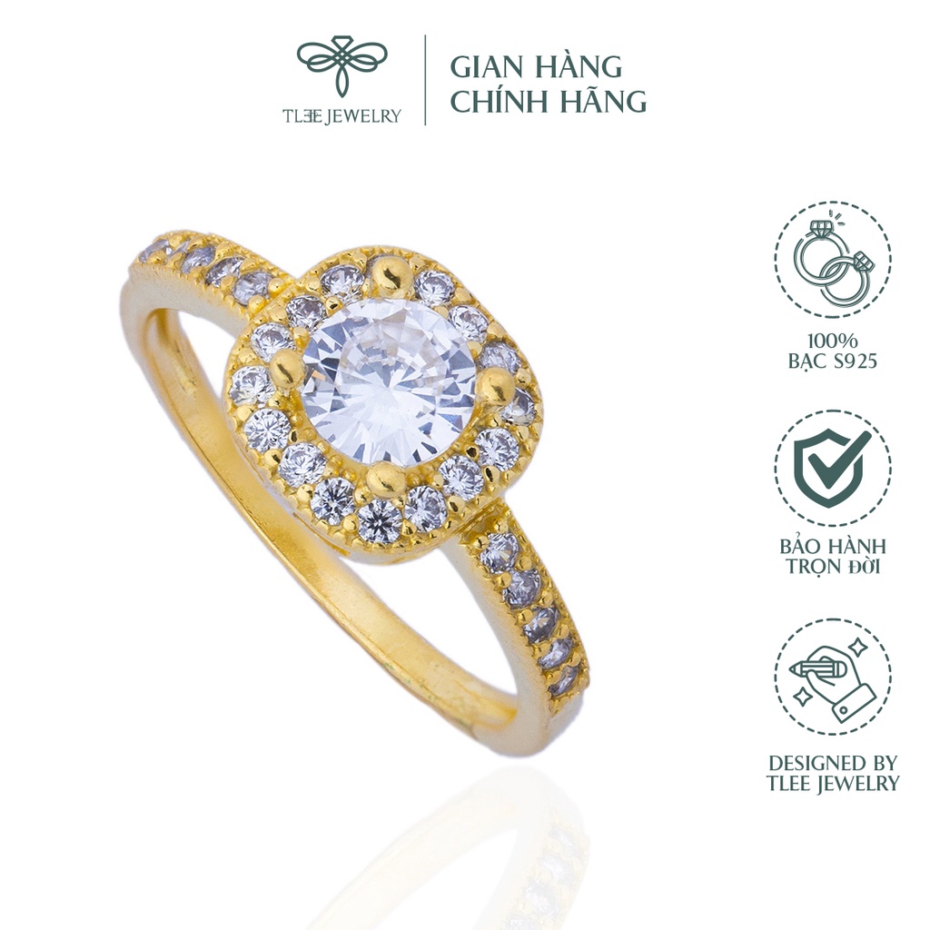 Nhẫn bạc nữ TLEE mặt vuông mạ vàng 14k nạm đá viền cao cấp NCJ A0111