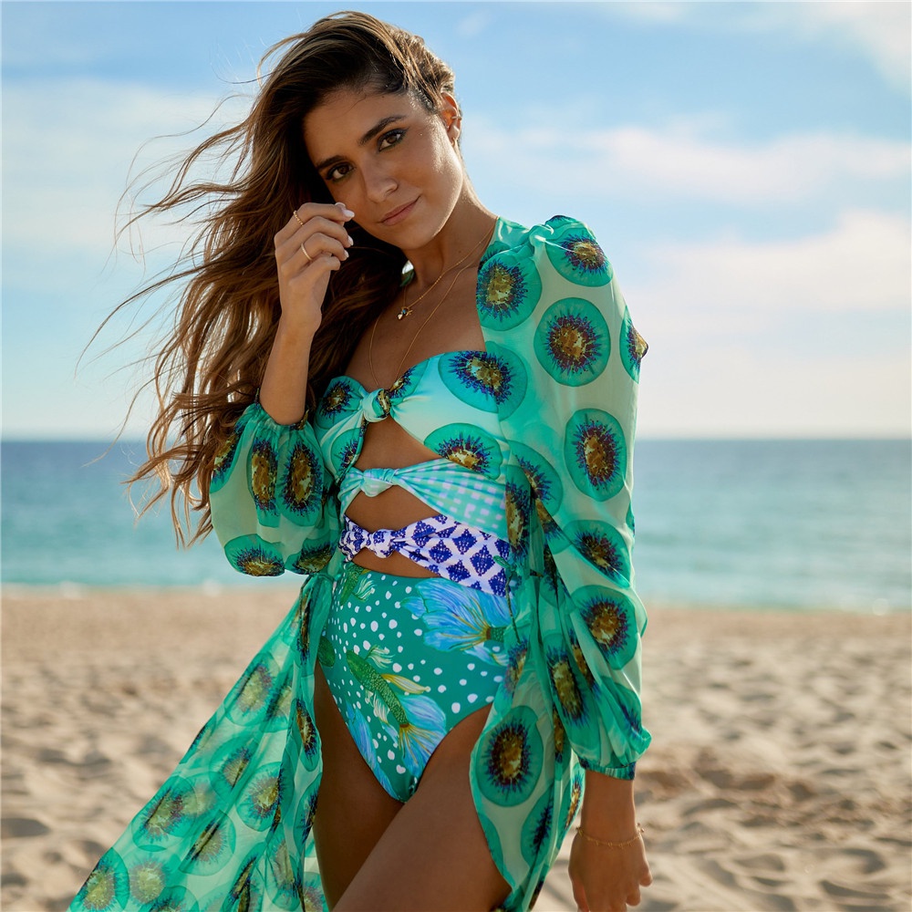 Áo Choàng Che Phủ Đồ Bơi Đi Biển/Bikini Dài In Họa Tiết Lá Che Phủ Đồ Bơi