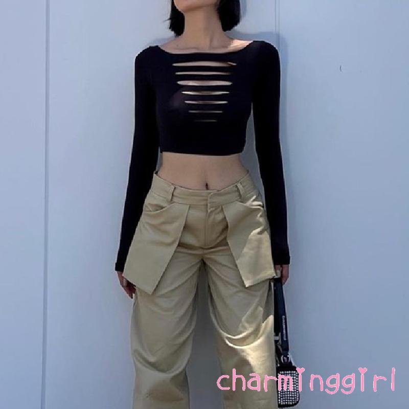 Áo Croptop Tay Dài Cổ Thuyền Màu Trơn Dáng Ôm Thời Trang Dự Tiệc Cho Nữ