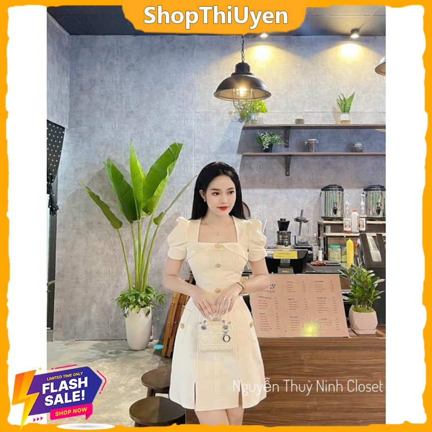 Đầm tiểu thư cotton lạnh có mút, đầm đi tiệc đính nút tay phồng, đầm cổ vuông mặc đi tiệc sang chảnh, váy chữ A ôm eo